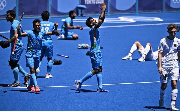 Indian field hockey players celebrate after winning the men's bronze medal match over Germany at the Tokyo Olympics. Indian field hockey players celebrate after winning the men's bronze medal match over Germany at the Tokyo Olympics.