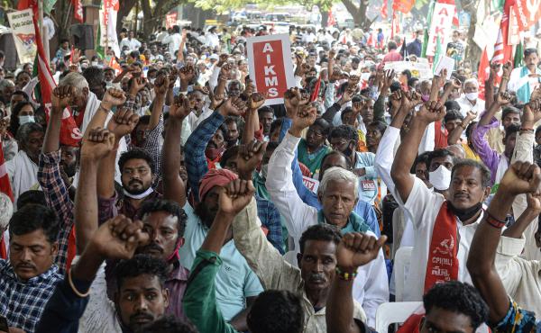 Supporters of All India Kisan Sangharsh Coordination Committee, a group of farmers' organizations, hold flags during a protest to mark one year since the introduction of divisive farm laws and to demand the withdrawal of the Electricity Amendment Bill, in Supporters of All India Kisan Sangharsh Coordination Committee, a group of farmers' organizations, hold flags during a protest to mark one year since the introduction of divisive farm laws and to demand the withdrawal of the Electricity Amendment Bill, in