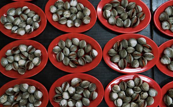 Plates of blood clams are on display at a stand in one of Jakarta's outdoor food courts. Plates of blood clams are on display at a stand in one of Jakarta's outdoor food courts.