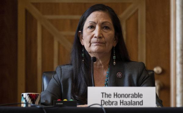 Rep. Deb Haaland, D-N.M., during her Senate hearing Tuesday to be Interior Secretary. If confirmed, she would be the first Native American to hold the post. Rep. Deb Haaland, D-N.M., during her Senate hearing Tuesday to be Interior Secretary. If confirmed, she would be the first Native American to hold the post.