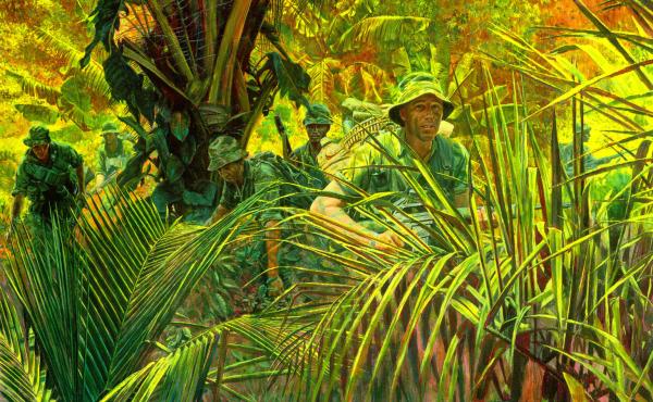 The National Guard Bureau commissioned this painting, "Indiana Rangers: The Army Guard in Vietnam," as part of its series of paintings depicting significant moments in Guard history. It represents members of the Company D, 151st Infantry division — one The National Guard Bureau commissioned this painting, "Indiana Rangers: The Army Guard in Vietnam," as part of its series of paintings depicting significant moments in Guard history. It represents members of the Company D, 151st Infantry division — one