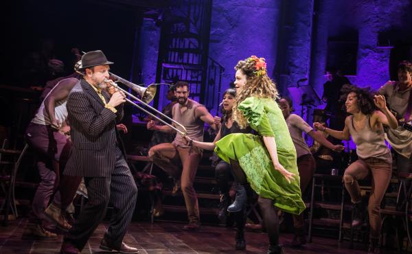 Brian Drye plays trombone with Tony-nominated actress Amber Grey onstage in Hadestown. Brian Drye plays trombone with Tony-nominated actress Amber Grey onstage in Hadestown.
