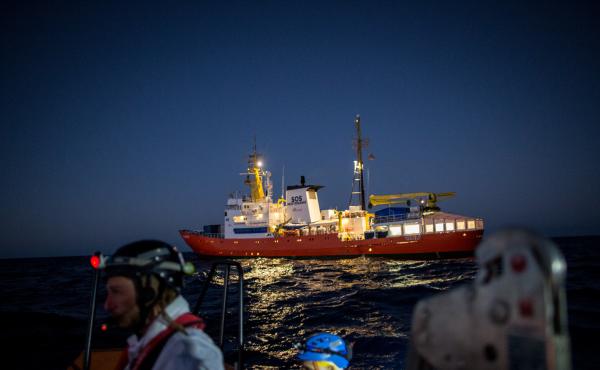 The Aquarius, a former North Atlantic fisheries protection ship now used by humanitarian groups SOS Mediterranee and Medecins Sans Frontieres (Doctors Without Borders), is seen in December 2017 during a rescue operation in the Mediterranean Sea. The rescu The Aquarius, a former North Atlantic fisheries protection ship now used by humanitarian groups SOS Mediterranee and Medecins Sans Frontieres (Doctors Without Borders), is seen in December 2017 during a rescue operation in the Mediterranean Sea. The rescu