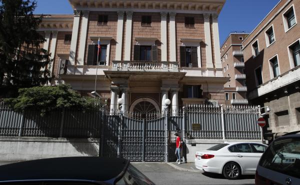 The Russian Embassy in Rome on Wednesda. Italy has ordered two Russian Embassy officials expelled and arrested an Italian Navy captain on spying charges after police caught the Italian allegedly giving classified documents to one of the Russians in exchan The Russian Embassy in Rome on Wednesda. Italy has ordered two Russian Embassy officials expelled and arrested an Italian Navy captain on spying charges after police caught the Italian allegedly giving classified documents to one of the Russians in exchan