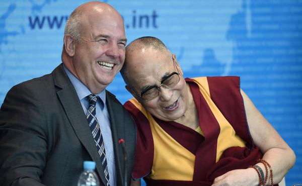 Outgoing European human rights Commissioner Nils Muiznieks (L) shares a joke with the Dalai Lama at the Council of Europe in Strasbourg, France, in 2016. Outgoing European human rights Commissioner Nils Muiznieks (L) shares a joke with the Dalai Lama at the Council of Europe in Strasbourg, France, in 2016.