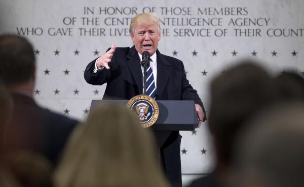 Former President Donald Trump spoke at CIA headquarters in Langley, Va., on his first full day in office, Jan. 21, 2017. But he had difficult relations with the intelligence community throughout his presidency. Former President Donald Trump spoke at CIA headquarters in Langley, Va., on his first full day in office, Jan. 21, 2017. But he had difficult relations with the intelligence community throughout his presidency.