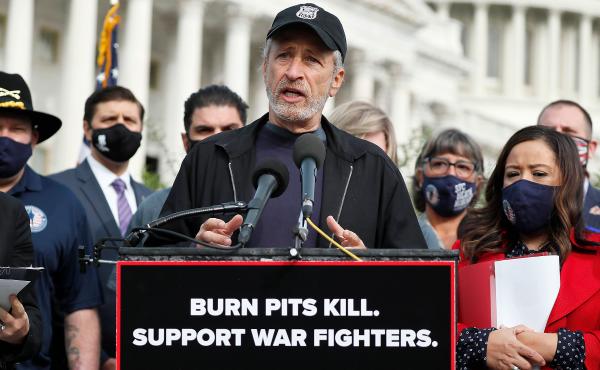 Comedian, writer and veterans advocate Jon Stewart speaks at a press conference on "The Presumptive Benefits for War Fighters Exposed to Burn Pits and Other Toxins Act of 2020" at the House Triangle in Washington, D.C., on Tuesday. Comedian, writer and veterans advocate Jon Stewart speaks at a press conference on "The Presumptive Benefits for War Fighters Exposed to Burn Pits and Other Toxins Act of 2020" at the House Triangle in Washington, D.C., on Tuesday.