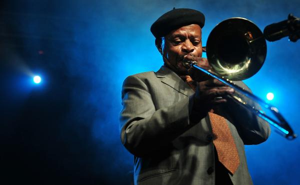 Trombonist Jonas Gwangwa performs in Sandton, South Africa in 2017. Trombonist Jonas Gwangwa performs in Sandton, South Africa in 2017.