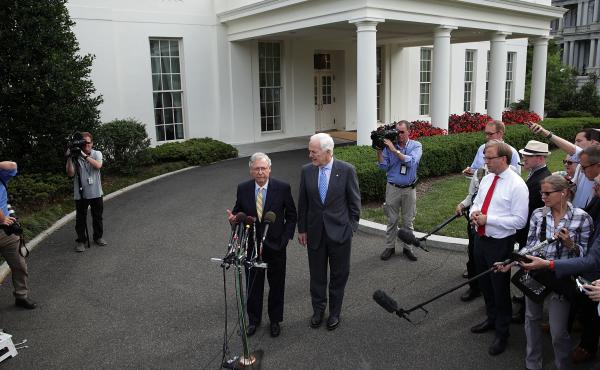 Senate Majority Leader Mitch McConnell, R-K.Y. (left), and Senate Majority Whip John Cornyn, R-Texas, speak to members of the media outside the West Wing of the White House on Tuesday in Washington, D.C. Senate Majority Leader Mitch McConnell, R-K.Y. (left), and Senate Majority Whip John Cornyn, R-Texas, speak to members of the media outside the West Wing of the White House on Tuesday in Washington, D.C.