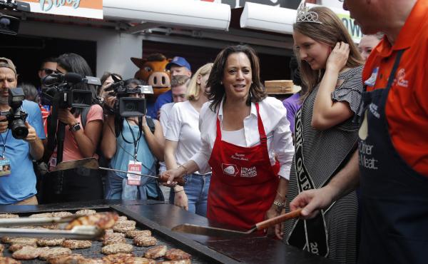 Democratic presidential candidate Kamala Harris flips pork chops at the Iowa State Fair on Saturday. She came to the fair intent on proving she's a top-tier contender. Democratic presidential candidate Kamala Harris flips pork chops at the Iowa State Fair on Saturday. She came to the fair intent on proving she's a top-tier contender.