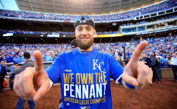 Outfielder Alex Gordon of the Kansas City Royals celebrates the team's Game 4 win over the Baltimore Orioles, which completed a sweep of the American League Championship Series, at Kauffman Stadium in Kansas City, Mo., on Wednesday. Outfielder Alex Gordon of the Kansas City Royals celebrates the team's Game 4 win over the Baltimore Orioles, which completed a sweep of the American League Championship Series, at Kauffman Stadium in Kansas City, Mo., on Wednesday.