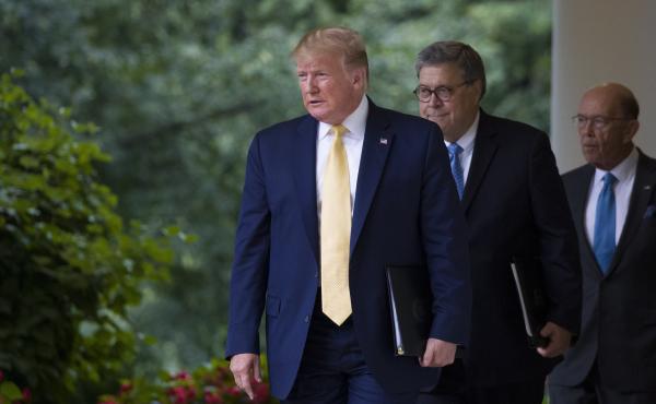 President Trump arrives at the White House with Commerce Secretary Wilbur Ross (right) and U.S. Attorney General William Barr in July to speak about Trump's executive order concerning citizenship. President Trump arrives at the White House with Commerce Secretary Wilbur Ross (right) and U.S. Attorney General William Barr in July to speak about Trump's executive order concerning citizenship.