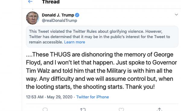This image from the Twitter account of President Donald Trump shows a tweet he posted on Friday, May 29, 2020, after protesters in Minneapolis. On Tuesday, the Center for Democracy and Technology sued Trump over the president's executive order aimed at li This image from the Twitter account of President Donald Trump shows a tweet he posted on Friday, May 29, 2020, after protesters in Minneapolis. On Tuesday, the Center for Democracy and Technology sued Trump over the president's executive order aimed at li