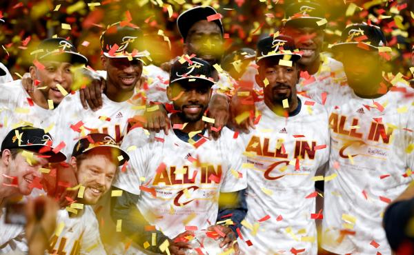 The Cleveland Cavaliers are showered with confetti after defeating the Atlanta Hawks in game four of the Eastern Conference finals to complete a sweep and advance to the NBA Finals. The Cleveland Cavaliers are showered with confetti after defeating the Atlanta Hawks in game four of the Eastern Conference finals to complete a sweep and advance to the NBA Finals.