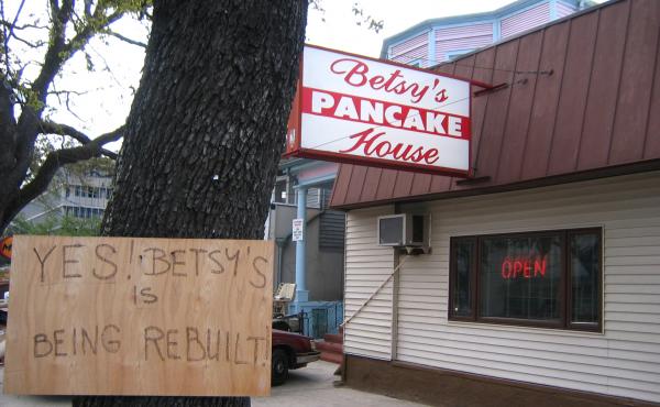 Betsy's Pancake House on Canal Street in New Orleans announces its return to business after Hurricane Katrina. Betsy's Pancake House on Canal Street in New Orleans announces its return to business after Hurricane Katrina.