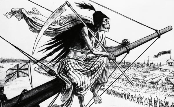 An 1883 illustration of the Grim Reaper draped in a cloth labeled "cholera," arriving in America on a British ship. An 1883 illustration of the Grim Reaper draped in a cloth labeled "cholera," arriving in America on a British ship.