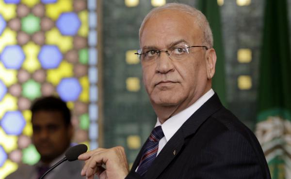 Chief Palestinian negotiator Saeb Erekat seen at a 2014 press conference at the Arab League headquarters in Cairo, Egypt. Chief Palestinian negotiator Saeb Erekat seen at a 2014 press conference at the Arab League headquarters in Cairo, Egypt.