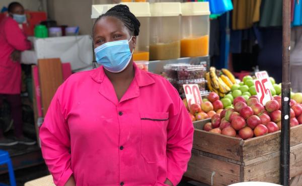 Monica Muthuma has been selling fruits, vegetables and dawa for five years at this stand. Since the pandemic began peaking in Kenya, she says, her ginger-infused drink has taken center stage at her store. Monica Muthuma has been selling fruits, vegetables and dawa for five years at this stand. Since the pandemic began peaking in Kenya, she says, her ginger-infused drink has taken center stage at her store.