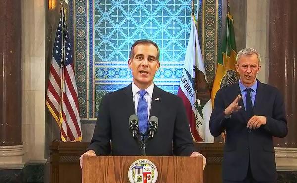 Los Angeles Mayor Eric Garcetti, pictured giving his annual State of the City speech in April, announced on Wednesday that he is authorizing the Department of Water and Power to shut off service at properties hosting large parties, which are forbidden un Los Angeles Mayor Eric Garcetti, pictured giving his annual State of the City speech in April, announced on Wednesday that he is authorizing the Department of Water and Power to shut off service at properties hosting large parties, which are forbidden un