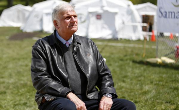 The Rev. Franklin Graham, president and CEO of Samaritan's Purse, sits for a portrait at his group's field hospital in New York's Central Park in May. Graham has spoken out in support of COVID-19 vaccines. The Rev. Franklin Graham, president and CEO of Samaritan's Purse, sits for a portrait at his group's field hospital in New York's Central Park in May. Graham has spoken out in support of COVID-19 vaccines.