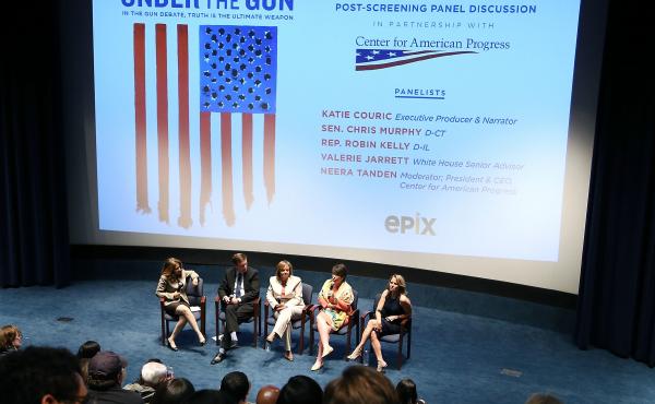 Katie Couric (right) and White House Senior Adviser Valerie Jarrett, speaking, participate in a panel discussion following a May 16 screening of Couric's documentary Under the Gun at the U.S. Navy Memorial in Washington. Katie Couric (right) and White House Senior Adviser Valerie Jarrett, speaking, participate in a panel discussion following a May 16 screening of Couric's documentary Under the Gun at the U.S. Navy Memorial in Washington.