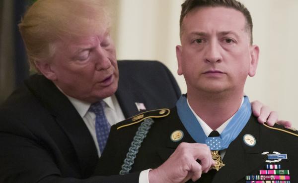 President Donald Trump presents the Medal of Honor to retired Army Staff Sgt. David Bellavia in the East Room of the White House on Tuesday. Bellavia received the award for conspicuous gallantry while serving in support of Operation Phantom Fury in Falluj President Donald Trump presents the Medal of Honor to retired Army Staff Sgt. David Bellavia in the East Room of the White House on Tuesday. Bellavia received the award for conspicuous gallantry while serving in support of Operation Phantom Fury in Falluj