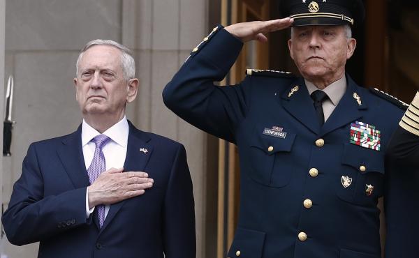 Former Defense Secretary Jim Mattis, left, and former Mexican Defense Secretary Gen. Salvador Cienfuegos Zepeda during an honor cordon at the Pentagon in 2017. Mexico cleared Cienfuegos of all charges related to drug trafficking on Thursday. Former Defense Secretary Jim Mattis, left, and former Mexican Defense Secretary Gen. Salvador Cienfuegos Zepeda during an honor cordon at the Pentagon in 2017. Mexico cleared Cienfuegos of all charges related to drug trafficking on Thursday.
