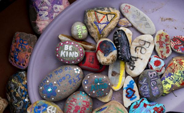 "Blessing rocks" with handwritten messages are free for the taking outside the Arivaca Community Center. "Blessing rocks" with handwritten messages are free for the taking outside the Arivaca Community Center.
