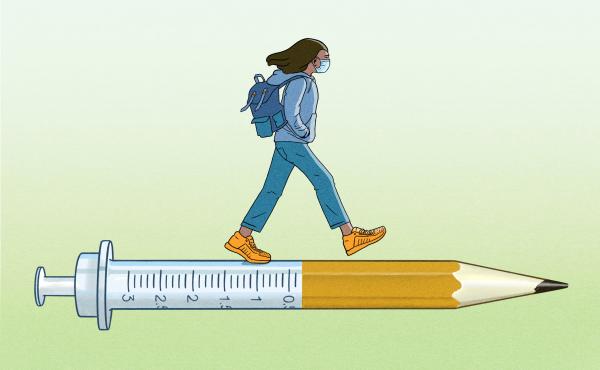 A masked college student walks along a syringe that morphs into a pencil. A masked college student walks along a syringe that morphs into a pencil.