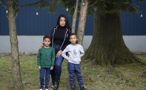 Farida Mercedes and her two sons Sebastian, 5, (left) and Lucas, 7, stand in their backyard in Fairlawn, N.J. Mercedes left her job as an assistant VP of HR at L'Oreal in August after working there for 17 years. As hundreds of thousands of women dropped o Farida Mercedes and her two sons Sebastian, 5, (left) and Lucas, 7, stand in their backyard in Fairlawn, N.J. Mercedes left her job as an assistant VP of HR at L'Oreal in August after working there for 17 years. As hundreds of thousands of women dropped o