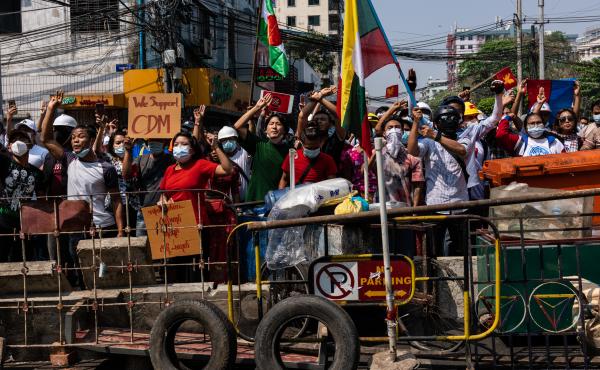 Anti-coup protesters in Yangon, Myanmar. Myanmar's military government has intensified a crackdown on protesters in recent days, using tear gas, charging at and arresting protesters and journalists. Anti-coup protesters in Yangon, Myanmar. Myanmar's military government has intensified a crackdown on protesters in recent days, using tear gas, charging at and arresting protesters and journalists.