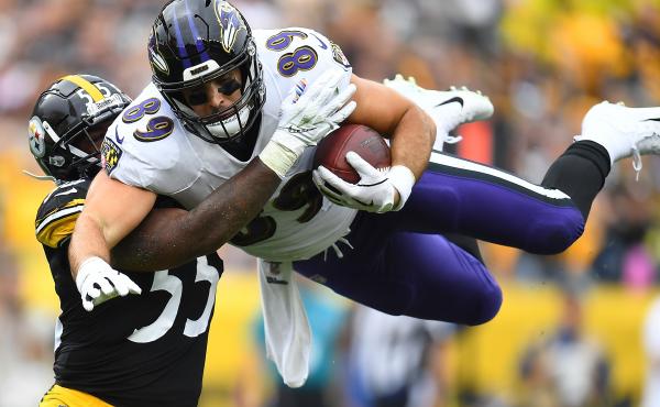 Mark Andrews, right, of the Baltimore Ravens hurdles Devin Bush, left, of the Pittsburgh Steelers during the first quarter at Heinz Field on Oct. 6, 2019 in Pittsburgh. This season, the Thanksgiving matchup between the two teams has been canceled due to a Mark Andrews, right, of the Baltimore Ravens hurdles Devin Bush, left, of the Pittsburgh Steelers during the first quarter at Heinz Field on Oct. 6, 2019 in Pittsburgh. This season, the Thanksgiving matchup between the two teams has been canceled due to a