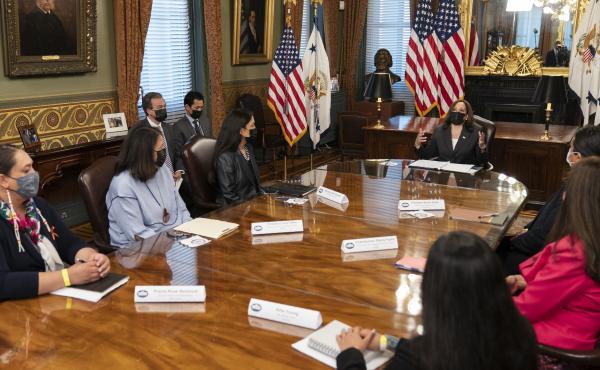 Vice President Harris speaks during a meeting with Native American community leaders about voting rights together with Secretary of the Interior Deb Haaland (left) in July 2021. Vice President Harris speaks during a meeting with Native American community leaders about voting rights together with Secretary of the Interior Deb Haaland (left) in July 2021.