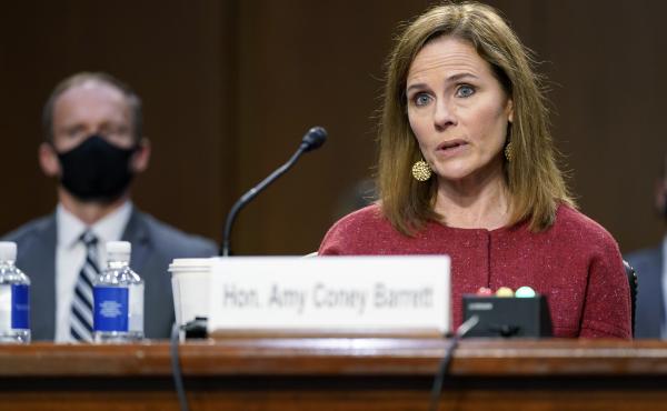 Supreme Court nominee Amy Coney Barrett speaks during a confirmation hearing before the Senate Judiciary Committee on Tuesday. Supreme Court nominee Amy Coney Barrett speaks during a confirmation hearing before the Senate Judiciary Committee on Tuesday.