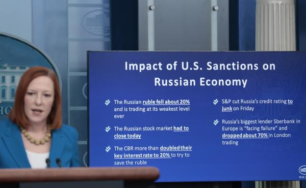 White House Press Secretary Jen Psaki explained the impacts of U.S. sanctions against Russia in Washington, D.C., in February. The latest round of sanctions targeted Russian a warship manufacturing corporation and Russia's largest diamond mining company. White House Press Secretary Jen Psaki explained the impacts of U.S. sanctions against Russia in Washington, D.C., in February. The latest round of sanctions targeted Russian a warship manufacturing corporation and Russia's largest diamond mining company.