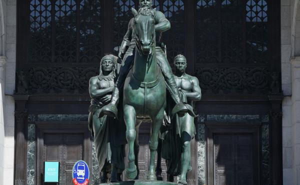 The Theodore Roosevelt Equestrian Statue is shown in front of the American Museum of Natural History's Central Park West entrance in New York City in 2020. Removal began this week. The Theodore Roosevelt Equestrian Statue is shown in front of the American Museum of Natural History's Central Park West entrance in New York City in 2020. Removal began this week.
