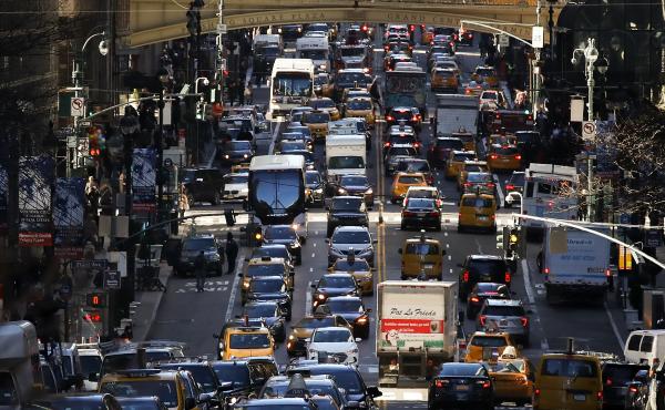After gaining approval from state lawmakers, New York will become the first U.S. city to levy fees on motorists who drive on some of its most congested streets. Here, traffic fills 42nd Street in Midtown Manhattan in January 2018. After gaining approval from state lawmakers, New York will become the first U.S. city to levy fees on motorists who drive on some of its most congested streets. Here, traffic fills 42nd Street in Midtown Manhattan in January 2018.