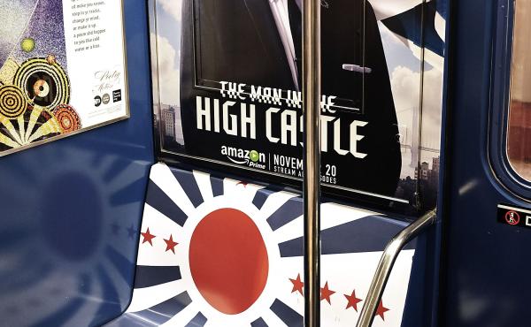 The ads for The Man In The High Castle were pulled from the New York subway. Part of the advertisement covered seats in a design that evoked Japan's rising sun flag. The ads for The Man In The High Castle were pulled from the New York subway. Part of the advertisement covered seats in a design that evoked Japan's rising sun flag.