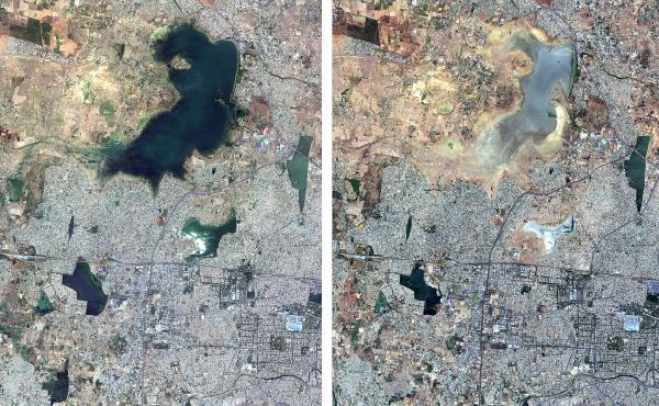These satellite images from June 15, 2018, (left) and June 15, 2019, show the diminishing size of the Puzhal Lake reservoir in Chennai, India. These satellite images from June 15, 2018, (left) and June 15, 2019, show the diminishing size of the Puzhal Lake reservoir in Chennai, India.