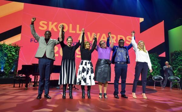 Trying to make the world a better place: (left to right) Skoll Award winners Gregory Rockson of mPharma, Nicola Galombik and Maryana Iskander of Harambee Youth Employment Accelerator, Nancy Lublin of Crisis Text Line, Bright Simons of mPedigree and Julie Trying to make the world a better place: (left to right) Skoll Award winners Gregory Rockson of mPharma, Nicola Galombik and Maryana Iskander of Harambee Youth Employment Accelerator, Nancy Lublin of Crisis Text Line, Bright Simons of mPedigree and Julie