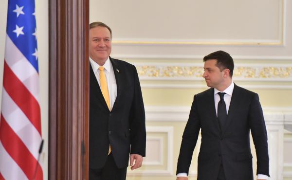 Secretary of State Mike Pompeo (left) and Ukrainian President Volodymyr Zelenskiy arrive for a joint news conference in Kyiv, Ukraine, on Jan. 31. Secretary of State Mike Pompeo (left) and Ukrainian President Volodymyr Zelenskiy arrive for a joint news conference in Kyiv, Ukraine, on Jan. 31.