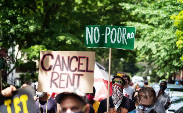 Demonstrators march in Chicago's Old Town neighborhood in June to demand a lifting of the Illinois rent control ban and a cancellation of rent and mortgage payments. The pandemic's financial pressures are causing many Americans to struggle with rent payme Demonstrators march in Chicago's Old Town neighborhood in June to demand a lifting of the Illinois rent control ban and a cancellation of rent and mortgage payments. The pandemic's financial pressures are causing many Americans to struggle with rent payme