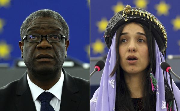 Dr. Denis Mukwege (left), from the Democratic Republic of the Congo, in 2014 and Nadia Murad, a Yazidi woman from Iraq, in 2016 as they both address the European parliament in Strasbourg, France. The pair won the 2018 Nobel Peace Prize for their work to h Dr. Denis Mukwege (left), from the Democratic Republic of the Congo, in 2014 and Nadia Murad, a Yazidi woman from Iraq, in 2016 as they both address the European parliament in Strasbourg, France. The pair won the 2018 Nobel Peace Prize for their work to h