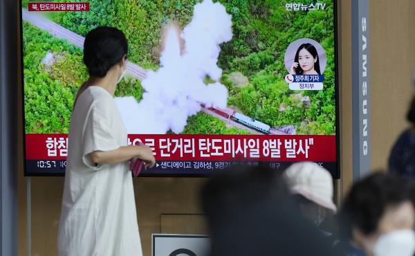 People watch a TV screen showing a news program reporting about North Korea's missile launch with file footage, at a train station in Seoul, South Korea, on June 5, 2022. North Korea test-fired a salvo of multiple short-range ballistic missiles toward the People watch a TV screen showing a news program reporting about North Korea's missile launch with file footage, at a train station in Seoul, South Korea, on June 5, 2022. North Korea test-fired a salvo of multiple short-range ballistic missiles toward the