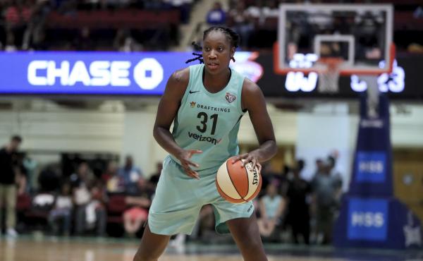 New York Liberty's Tina Charles plays in a WNBA basketball game on Aug. 12, 2018 in New York. New York Liberty's Tina Charles plays in a WNBA basketball game on Aug. 12, 2018 in New York.