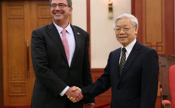 U.S. Secretary of Defense Ash Carter shakes hands with Vietnam's General Secretary Nguyen Phu Trong at the Presidential Palace in Hanoi, Vietnam, on June 1. Trong will meet with President Obama in the White House on Tuesday. U.S. Secretary of Defense Ash Carter shakes hands with Vietnam's General Secretary Nguyen Phu Trong at the Presidential Palace in Hanoi, Vietnam, on June 1. Trong will meet with President Obama in the White House on Tuesday.
