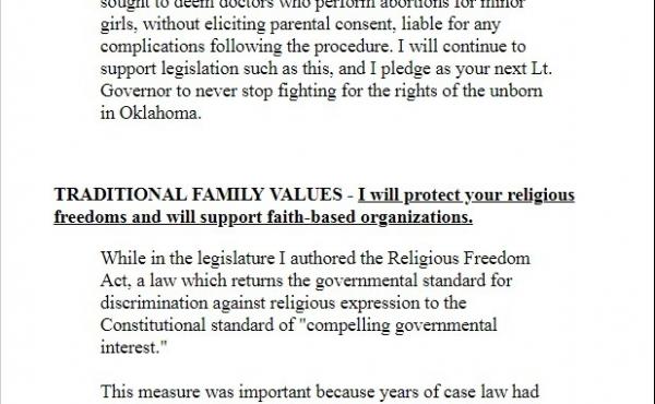 The website for Scott Pruitt's unsuccessful 2006 campaign for Oklahoma Lieutenant Governor touted Pruitt's support for "the rights of the unborn," and "traditional family values." The website for Scott Pruitt's unsuccessful 2006 campaign for Oklahoma Lieutenant Governor touted Pruitt's support for "the rights of the unborn," and "traditional family values."