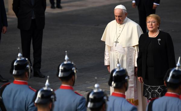 Pope Francis is welcomed by Chile's President Michelle Bachelet at La Moneda Presidential Palace in Santiago on Tuesday. The pope landed in Santiago late Monday on his first visit to Chile since becoming pope, and his sixth to Latin America — a trip tha Pope Francis is welcomed by Chile's President Michelle Bachelet at La Moneda Presidential Palace in Santiago on Tuesday. The pope landed in Santiago late Monday on his first visit to Chile since becoming pope, and his sixth to Latin America — a trip tha