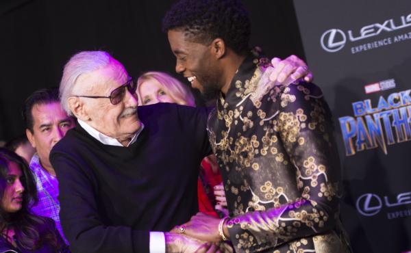Comic book writer Stan Lee and actor Chadwick Boseman attend the world premiere of Marvel Studios Black Panther. Comic book writer Stan Lee and actor Chadwick Boseman attend the world premiere of Marvel Studios Black Panther.
