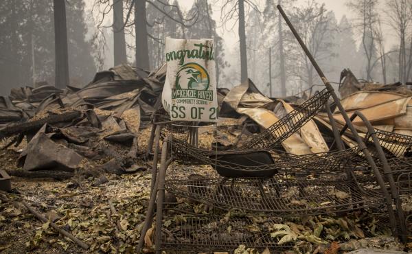 A sign for a recent graduate is bent but not burned in Blue River, Ore., eight days after the Holiday Farm Fire swept through its business district. A sign for a recent graduate is bent but not burned in Blue River, Ore., eight days after the Holiday Farm Fire swept through its business district.